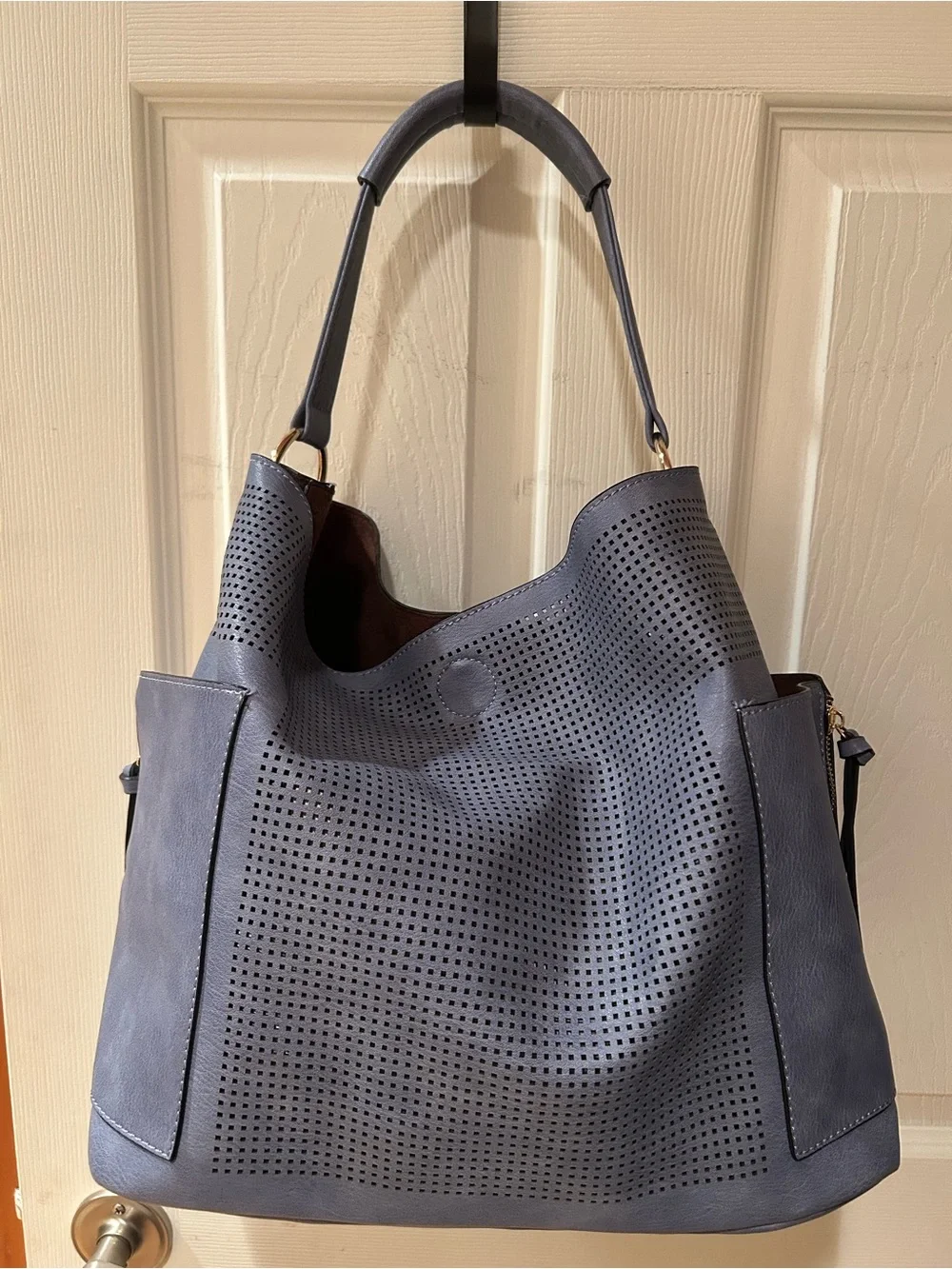 Le Miel Vegan Perforated Leather Hobo Top Handle Tote 11” deep Ocean Blue